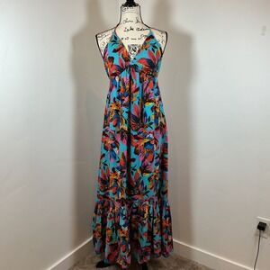 En Creme Women's Maxi Dress Halter‎ Neck Tropical Floral Tie Back Bohemian